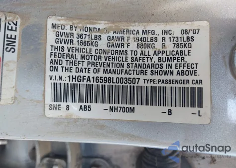 2008 Honda Civic Lx из США, поврежденный, VIN 1HGFA16598L003507